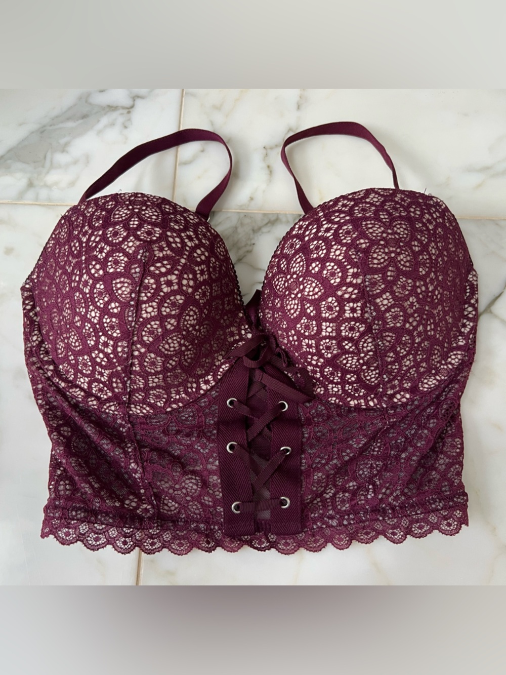 Victoria's Secret Burgundy padded Demi Lace Longline Bralette with Corset Lacing